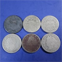 2 Shield Nickels(1868,no date),4 V Nickels(1901,