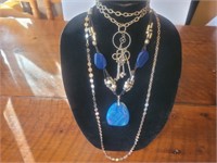 3 Silver Costume Necklaces Keys + Blue Stone Style