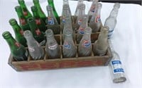 Wooden Pepsi Crate w/assorted pop bottles