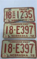 Lot of 3) 1972 Nebraska License Plates