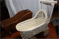 Wicker Doll Stroller & Wooden Crib