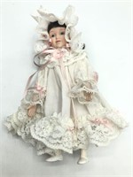 Small Porcelain Doll White Dress & Lacey Bonnet