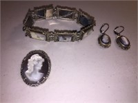 800 SILVER MOTHER OF PEARL VINTAGE CAMEO JEWELRY S
