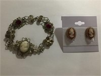 CARVED SHELL CAMEO ANTIQUE BRACELET & GF EARRINGS