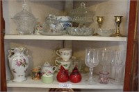 Two Shelves of Assorted China and Glass