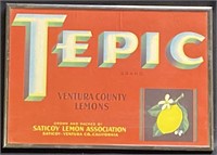 Tepic 1940’s lemon fruit crate label framed 12