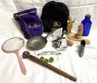 Assorted items including handmade folk art bear