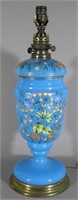 Large French Blue Hand Painted Opaline Lamp