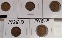 (5) Early Lincoln Wheat Cents