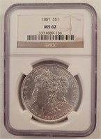 1887 Morgan Silver Dollar, Graded NGC MS62