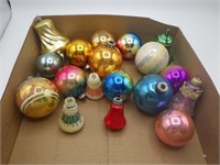 Box lot VTG mercury glass ornaments, incl bells