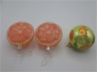 Trio of fruit themed ornaments-blown glass
