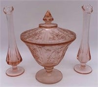 Pink Depression Glass Candy Jar and Candlesticks