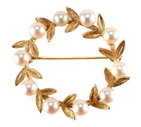 14K Gold and Pearl Wreath Brooch Pin