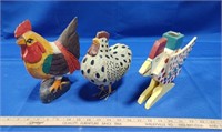 3 Small Folk Art Wooden Roosters
