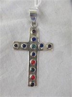 MEXICAN STERLING SILVER MULTI-STONE CROSS