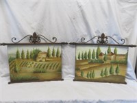 PAIR HAND PAINTED LANDSCAPES ON METAL