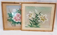 2 vintage Japanese silk screens with bamboo frames