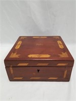 hinged lidded wooden box with wood inlay personali
