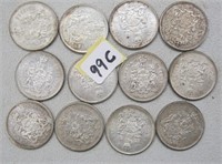 12   Silver Canadian Fifty Cents Coins