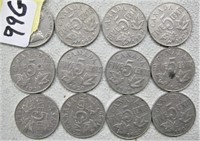 12  Canadian 1929 Five Cents Coins