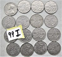 16 Canadian Five Cents Coins