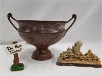lot of 3" copper-tone urn, Chinese soapstone figur
