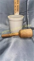 Small stoneware crock and wooden masher