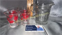 Red rooster and cherry cups with small pitcher