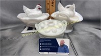 3 milk glass chicken candy dishes chip on tall