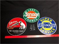 3 Round Signs - Victrola, Garage, Chevy