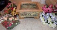 Wood Planter w/metal star and assorted flowers