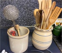 (2) crocks with utensils
