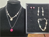 Bling Rhinestone Necklace-Earrings-Bracelet + Pink