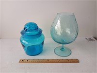Blue Jar w/lid and Footed Glass