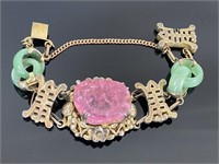 Unusual Silver Chinese Bracelet Jade & Pink Stone.