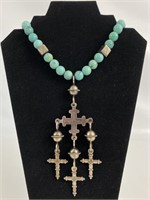 Sterling Silver Beaded Turquoise Cross Necklace.