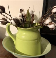 Green Pitcher and Bowl with Cotton Arrangement