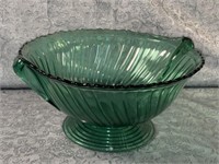 (B) Vintage Footed Scalloped Swirl Green Glass
