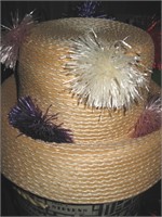 Vtg Italy Woman's Straw Hat w/ Pom Pom's