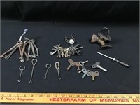Vintage folding keys, lock keys, jeweler anvil etc