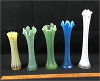 5 opalescent glass vases