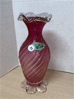 Cranberry Glass Vase With Clear Rim And Base