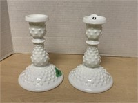 Pair of White Fenton Hobnail Candle Holders