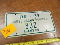 1989 Indiana Horse Drawn Vehicle License Plate
