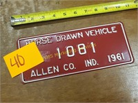 1961 Indiana Horse Drawn Vehicle License Plate