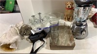 Blender, glasses, measure bowl, golden lab, misc.