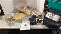 HP photo printer, Mickey Mouse clock, old bowls,