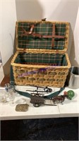 Wicker picnic basket with misc. items
