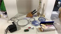 Cutlery set, Polaroid, wire basket, watch, misc,